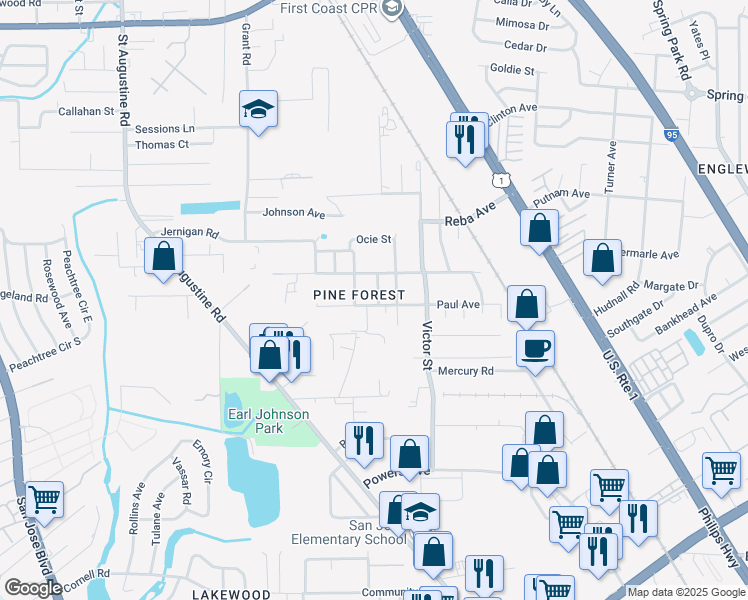 map of restaurants, bars, coffee shops, grocery stores, and more near 2563 Paul Avenue in Jacksonville