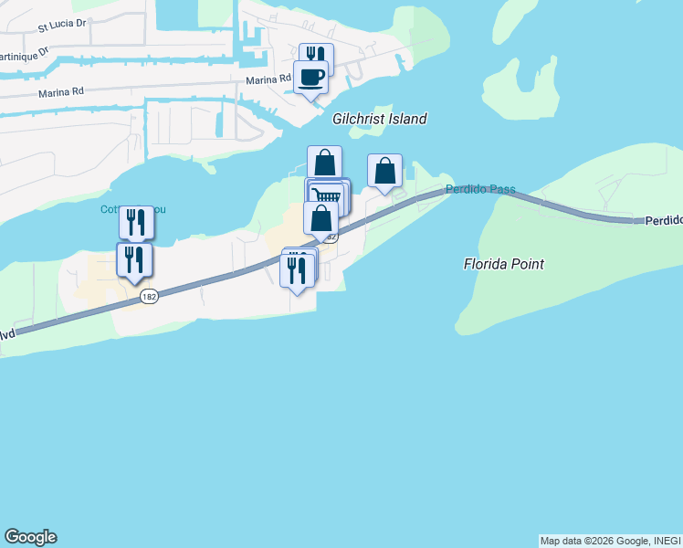 map of restaurants, bars, coffee shops, grocery stores, and more near 27284 Gulf Road in Orange Beach