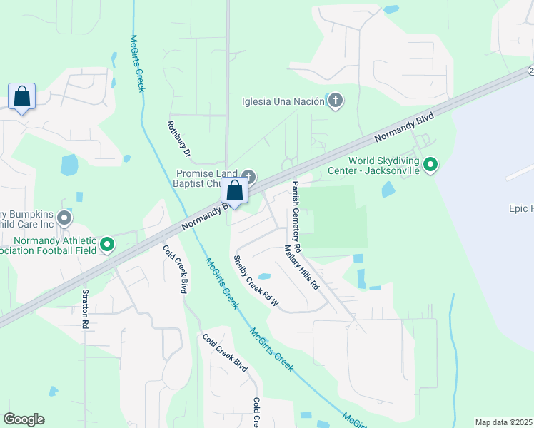 map of restaurants, bars, coffee shops, grocery stores, and more near 10231 Sugar Grove Road in Jacksonville