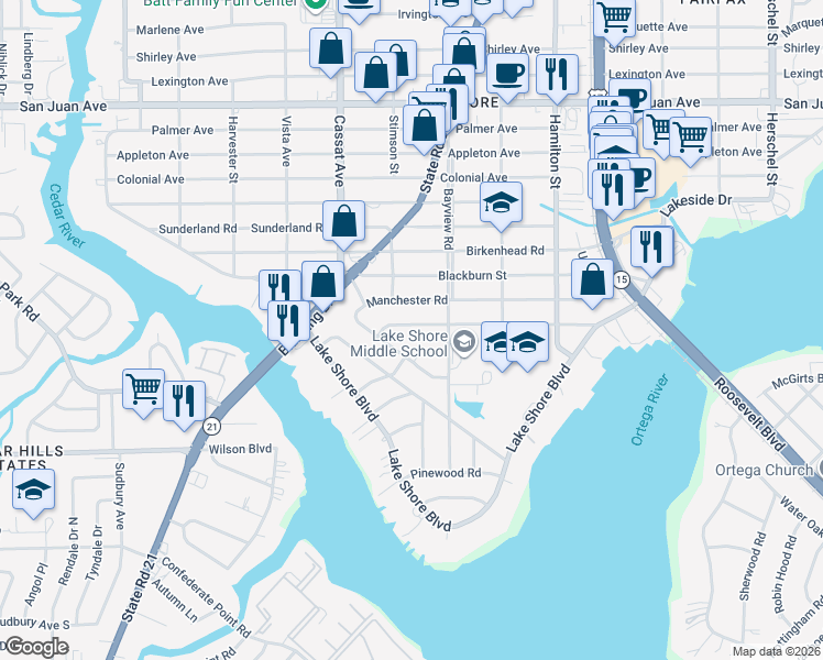 map of restaurants, bars, coffee shops, grocery stores, and more near 4742 Cambridge Road in Jacksonville