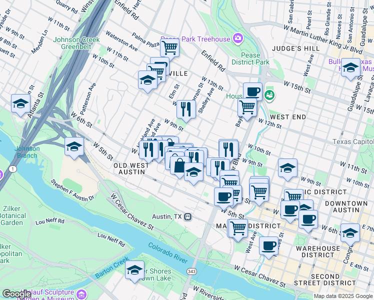 map of restaurants, bars, coffee shops, grocery stores, and more near 1211 West 8th Street in Austin