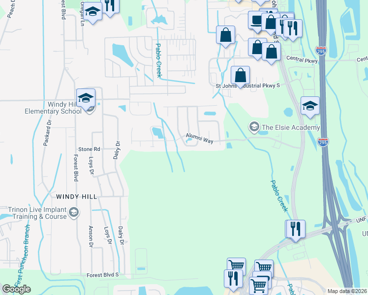 map of restaurants, bars, coffee shops, grocery stores, and more near 3911 Burning Leaf Court in Jacksonville