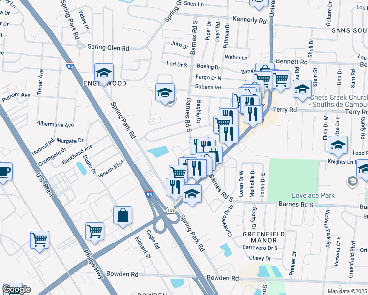 map of restaurants, bars, coffee shops, grocery stores, and more near 5445 Glorianne Drive in Jacksonville