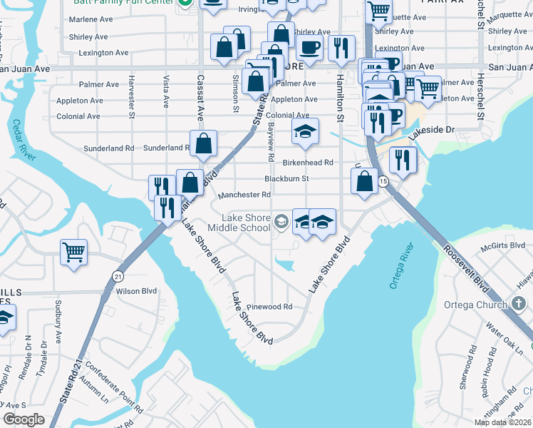 map of restaurants, bars, coffee shops, grocery stores, and more near 2432 Bayview Road in Jacksonville