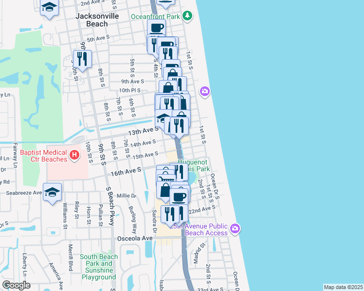 map of restaurants, bars, coffee shops, grocery stores, and more near 1451 3rd Street South in Jacksonville Beach