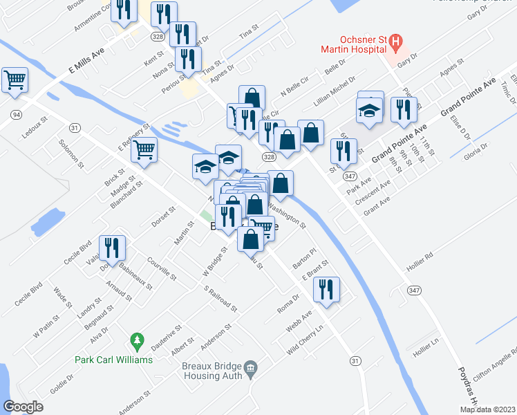 map of restaurants, bars, coffee shops, grocery stores, and more near 204 East Bridge Street in Breaux Bridge
