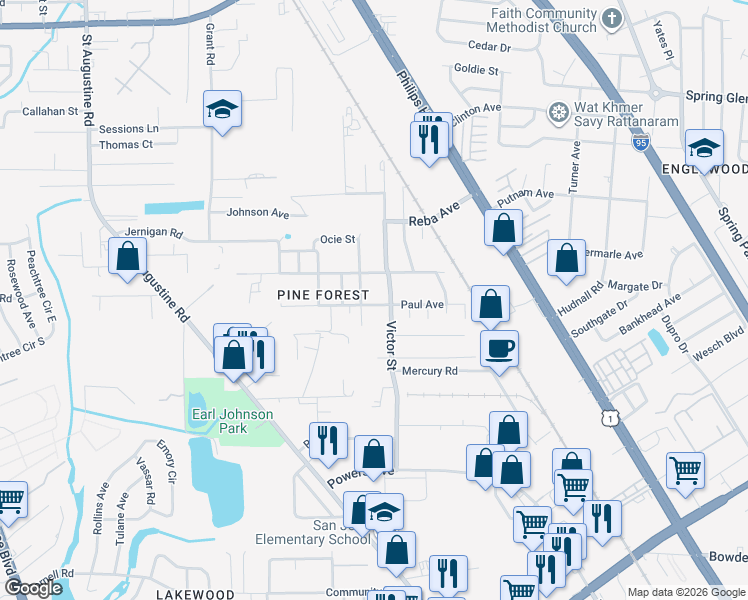 map of restaurants, bars, coffee shops, grocery stores, and more near 2655 Paul Avenue in Jacksonville