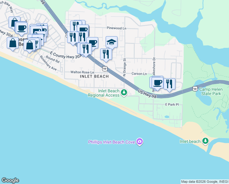 map of restaurants, bars, coffee shops, grocery stores, and more near 89 Pompano Street in Panama City Beach