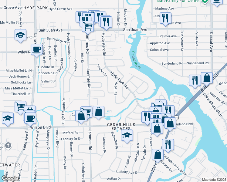map of restaurants, bars, coffee shops, grocery stores, and more near 2354 Barlad Dr in Jacksonville