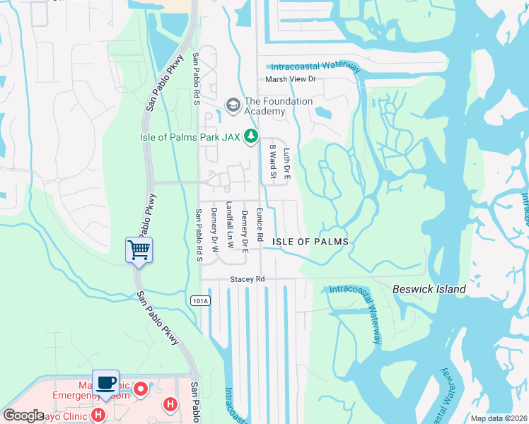 map of restaurants, bars, coffee shops, grocery stores, and more near 3917 Eunice Road in Jacksonville