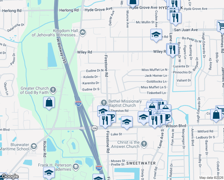 map of restaurants, bars, coffee shops, grocery stores, and more near 7070 Jacqueline Court in Jacksonville
