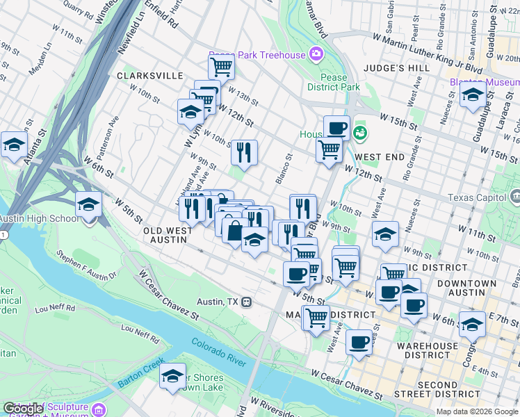 map of restaurants, bars, coffee shops, grocery stores, and more near 800 Blanco Street in Austin