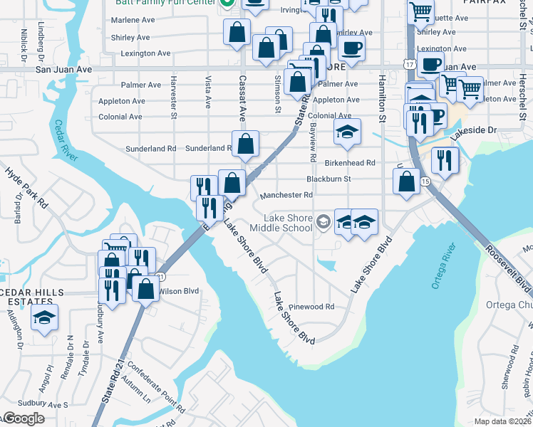 map of restaurants, bars, coffee shops, grocery stores, and more near 4909 Dundee Road in Jacksonville