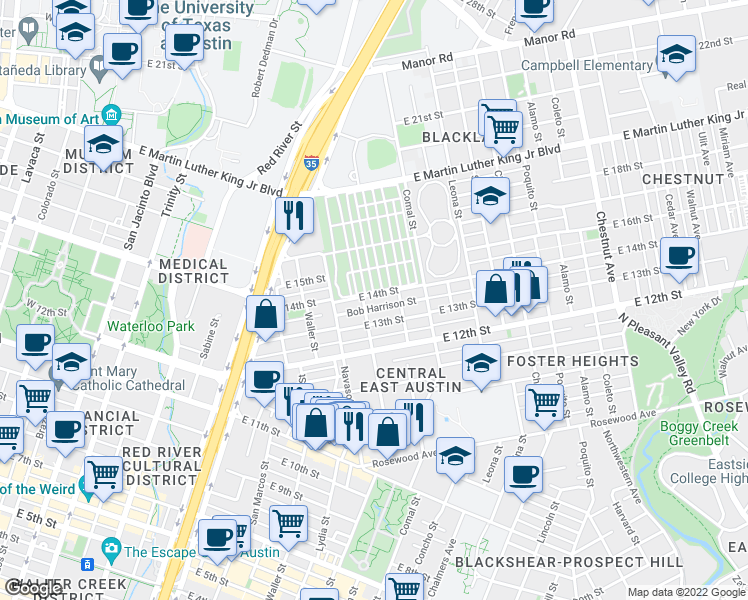 map of restaurants, bars, coffee shops, grocery stores, and more near 1304 Bob Harrison Street in Austin