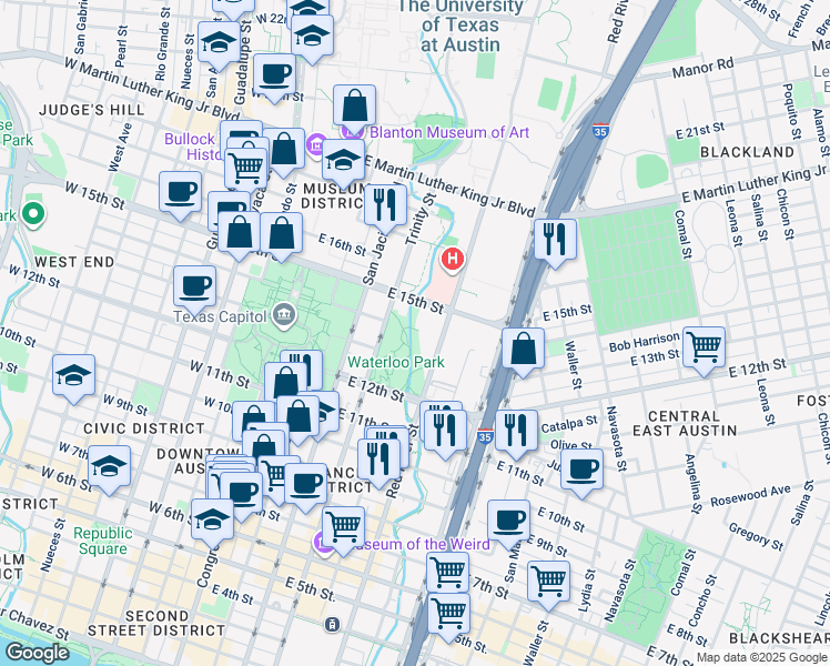 map of restaurants, bars, coffee shops, grocery stores, and more near 1320 1/2 Red River Street in Austin