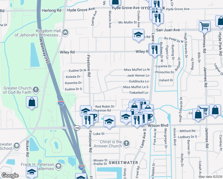 map of restaurants, bars, coffee shops, grocery stores, and more near 6972 Miss Muffet Lane South in Jacksonville