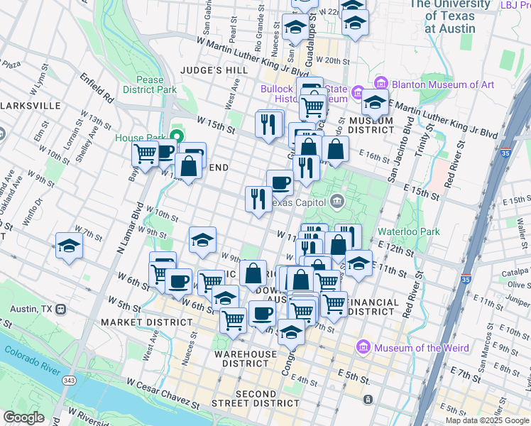 map of restaurants, bars, coffee shops, grocery stores, and more near in Austin