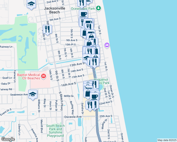 map of restaurants, bars, coffee shops, grocery stores, and more near 351 15th Avenue South in Jacksonville Beach