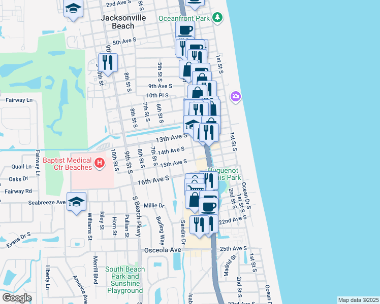 map of restaurants, bars, coffee shops, grocery stores, and more near 351 15th Avenue South in Jacksonville Beach