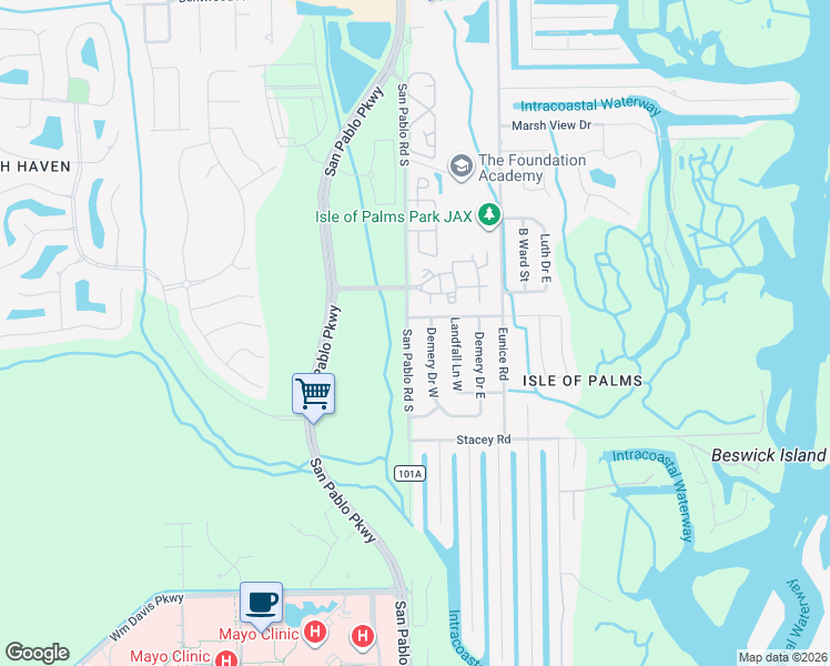 map of restaurants, bars, coffee shops, grocery stores, and more near 3921 Demery Drive West in Jacksonville