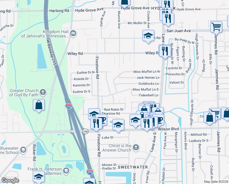 map of restaurants, bars, coffee shops, grocery stores, and more near 2436 Miss Muffet Lane West in Jacksonville