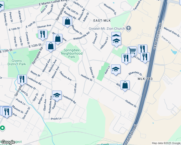 map of restaurants, bars, coffee shops, grocery stores, and more near 1216 Delano Street in Austin