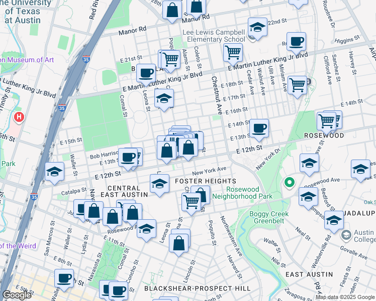 map of restaurants, bars, coffee shops, grocery stores, and more near 1212 Poquito Street in Austin