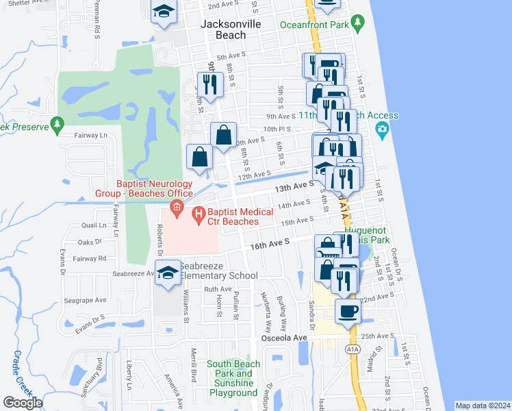 map of restaurants, bars, coffee shops, grocery stores, and more near 727 14th Avenue South in Jacksonville Beach