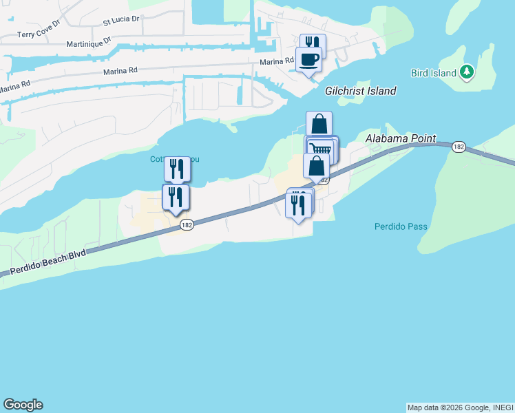 map of restaurants, bars, coffee shops, grocery stores, and more near 27100-27116 Perdido Beach Boulevard in Orange Beach