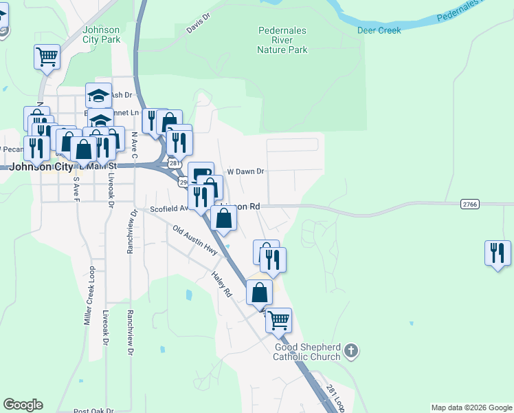 map of restaurants, bars, coffee shops, grocery stores, and more near Ranch to Market Road 2766 in Johnson City