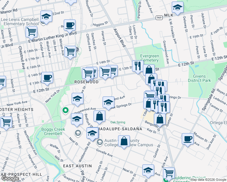 map of restaurants, bars, coffee shops, grocery stores, and more near 1183 Ridgeway Drive in Austin
