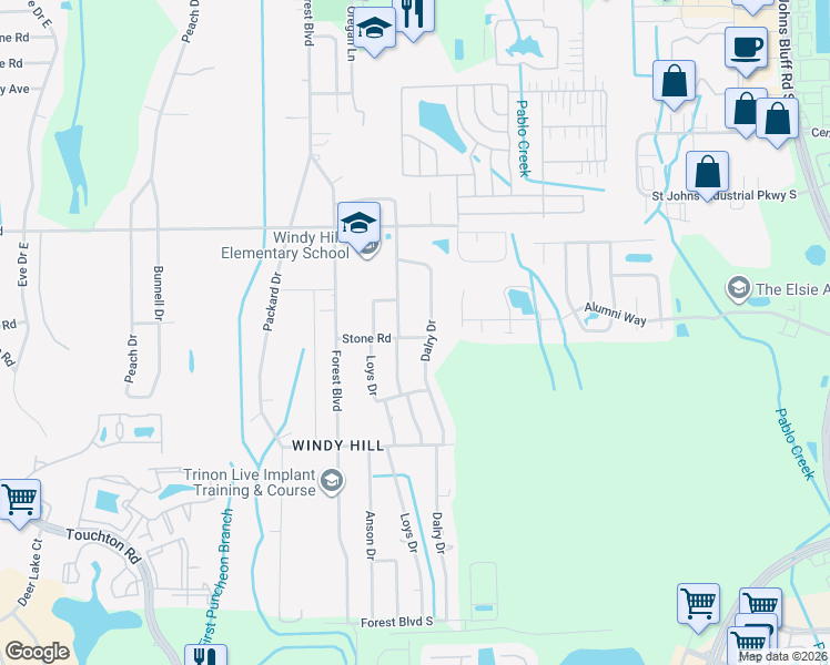 map of restaurants, bars, coffee shops, grocery stores, and more near 10517 Stone Road in Jacksonville
