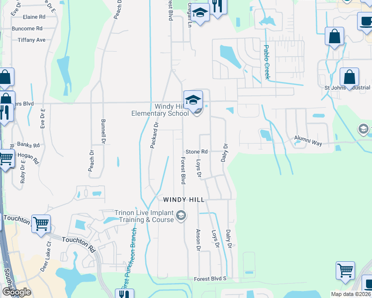 map of restaurants, bars, coffee shops, grocery stores, and more near 10403 Stone Road in Jacksonville