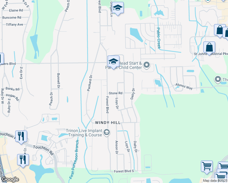 map of restaurants, bars, coffee shops, grocery stores, and more near 10427 Stone Road in Jacksonville