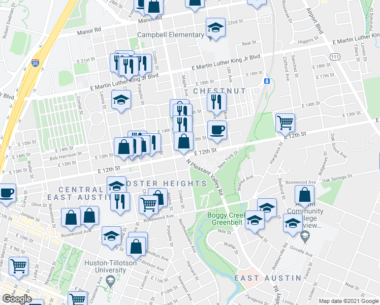 map of restaurants, bars, coffee shops, grocery stores, and more near 2302 East 12th Street in Austin