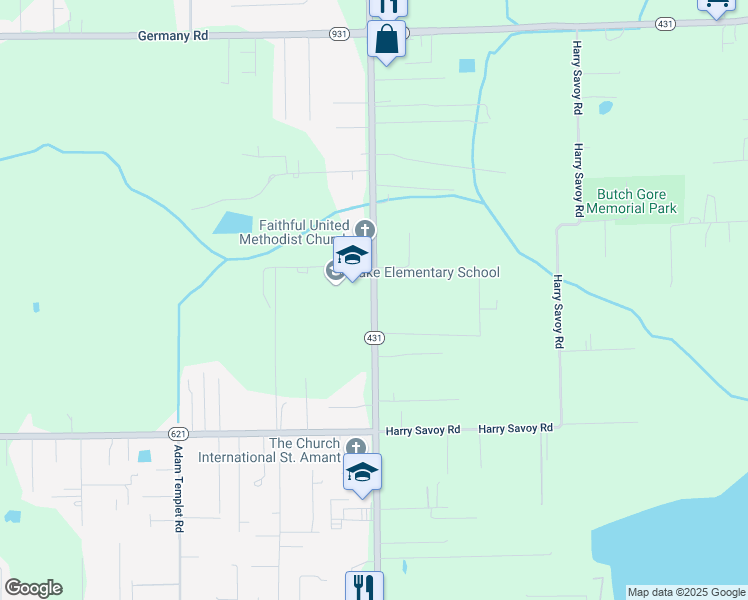 map of restaurants, bars, coffee shops, grocery stores, and more near 14185 Louisiana 431 in Gonzales