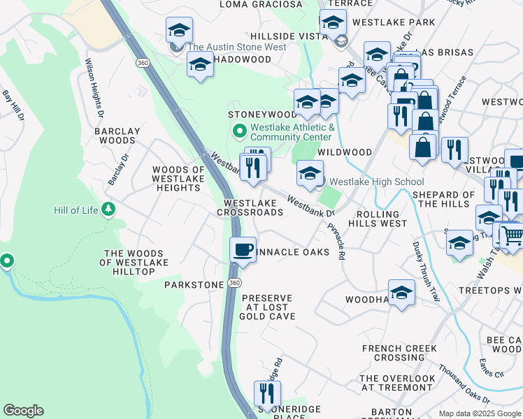 map of restaurants, bars, coffee shops, grocery stores, and more near 1406 1/2 Camp Craft Road in Austin