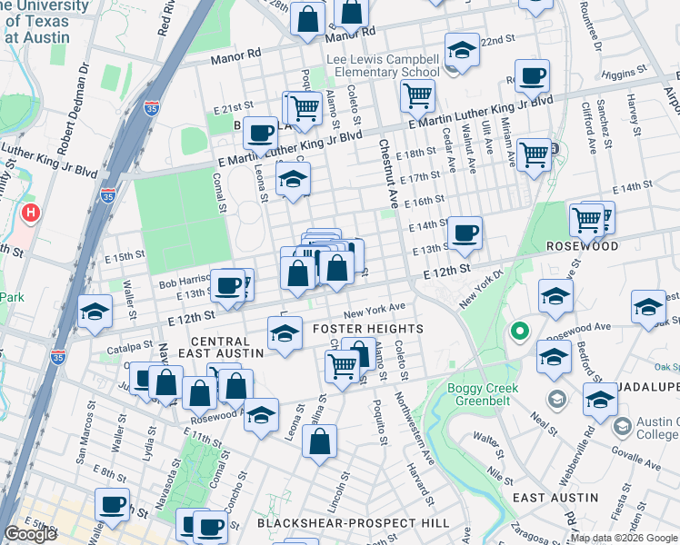 map of restaurants, bars, coffee shops, grocery stores, and more near 1212 Poquito Street in Austin
