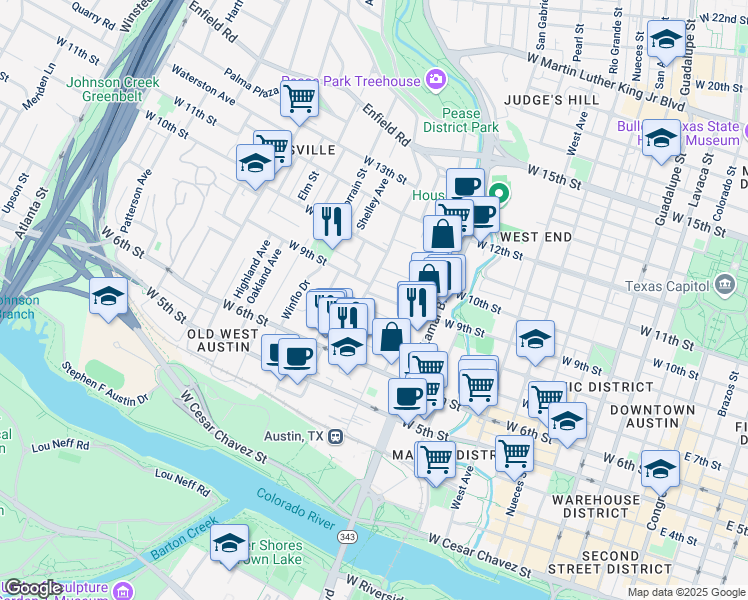 map of restaurants, bars, coffee shops, grocery stores, and more near 1111 West 9th Street in Austin