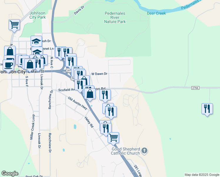 map of restaurants, bars, coffee shops, grocery stores, and more near 202 Robinson Road in Johnson City