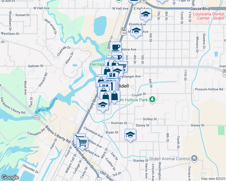 map of restaurants, bars, coffee shops, grocery stores, and more near 2130 1st Street in Slidell