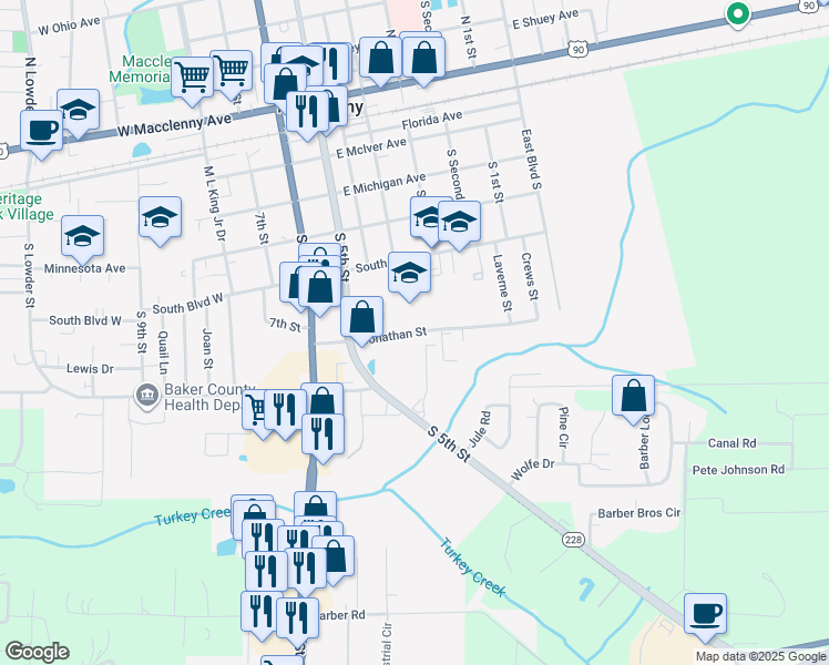 map of restaurants, bars, coffee shops, grocery stores, and more near 211 Jonathan Street in Macclenny