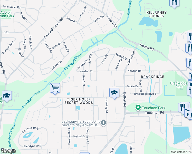 map of restaurants, bars, coffee shops, grocery stores, and more near 2836 Synhoff Drive in Jacksonville