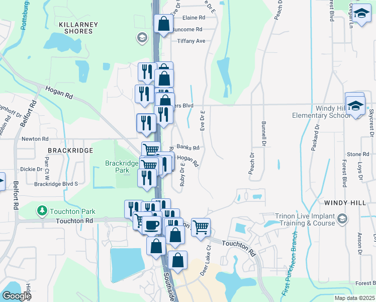 map of restaurants, bars, coffee shops, grocery stores, and more near 9742 Banks Road in Jacksonville