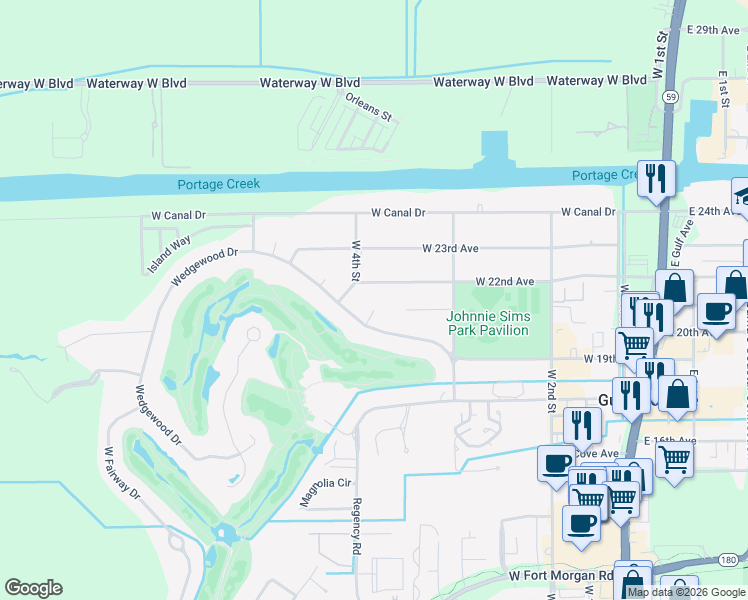 map of restaurants, bars, coffee shops, grocery stores, and more near 2008 Wedgewood Circle in Gulf Shores