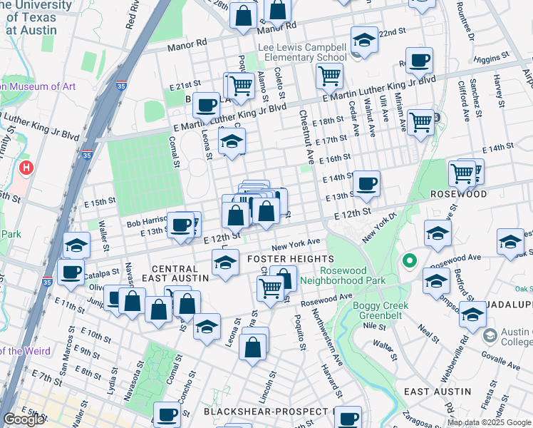 map of restaurants, bars, coffee shops, grocery stores, and more near 1212 Poquito Street in Austin