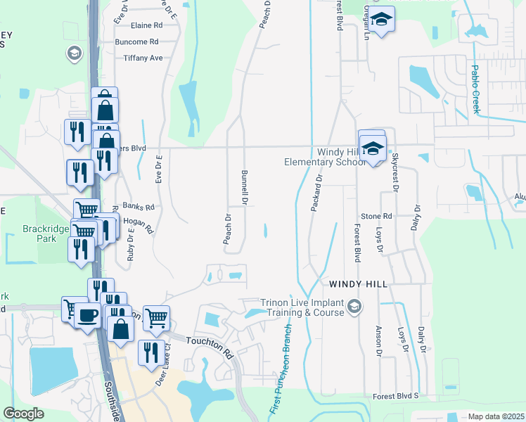 map of restaurants, bars, coffee shops, grocery stores, and more near 10158 Joyce Road in Jacksonville