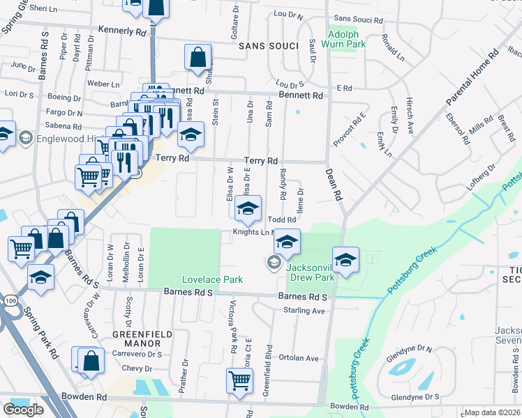 map of restaurants, bars, coffee shops, grocery stores, and more near 2815 Sam Road in Jacksonville
