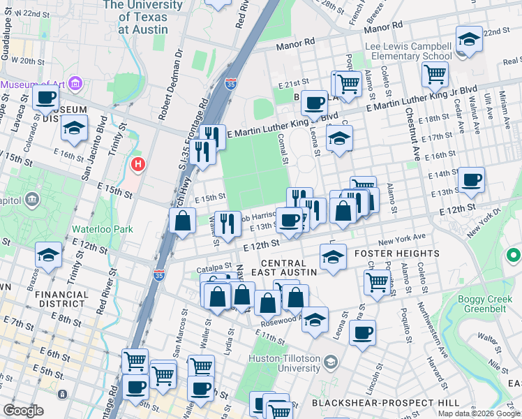 map of restaurants, bars, coffee shops, grocery stores, and more near 1306 Bob Harrison Street in Austin