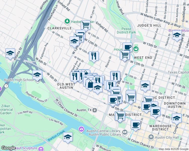 map of restaurants, bars, coffee shops, grocery stores, and more near 700 Blanco Street in Austin